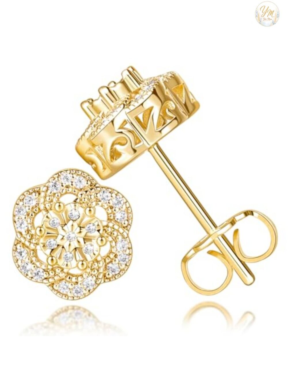 14k Gold Plated Cubic Zirconia Flower Stud Earrings for Women